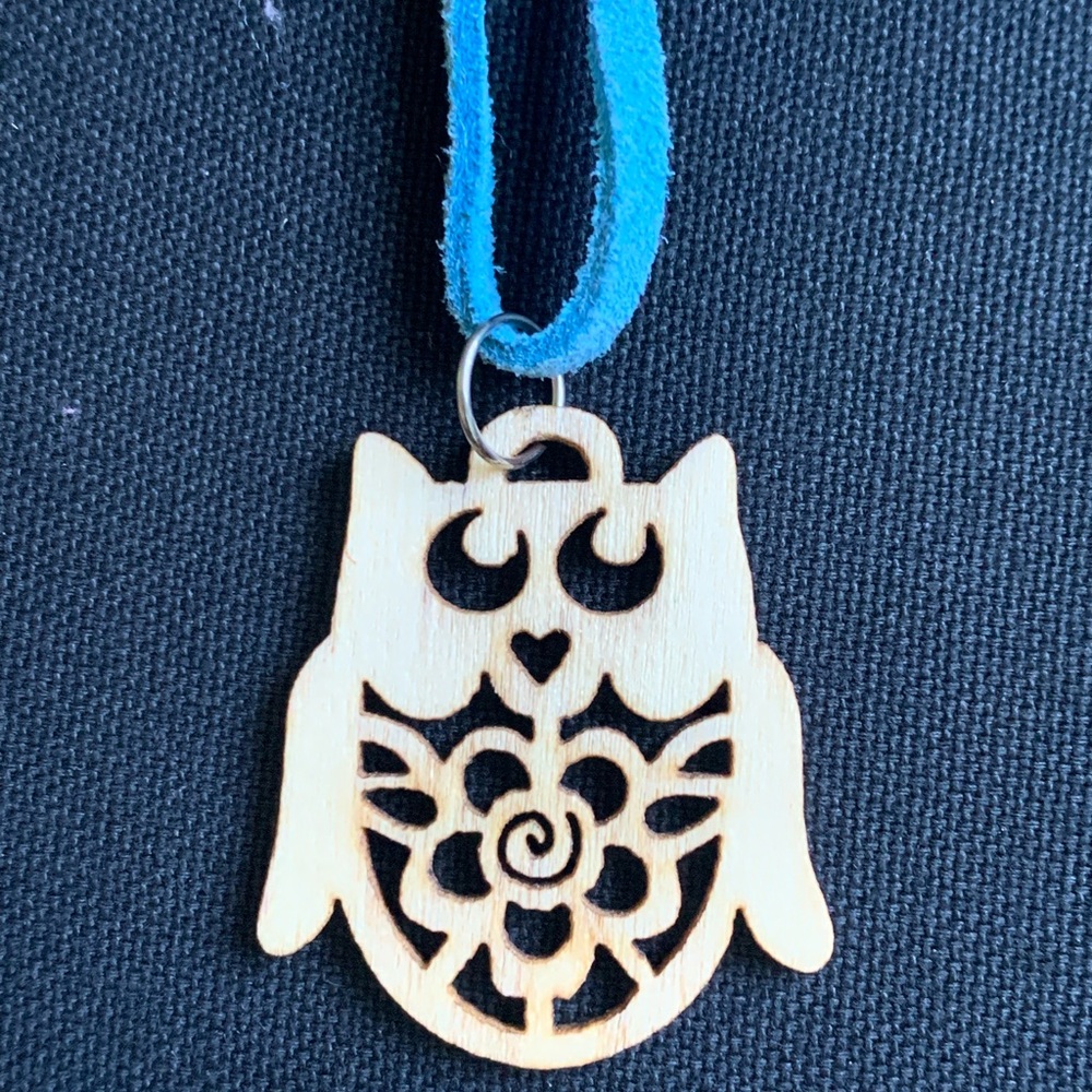 Wooden Owl Pendant Necklace with Blue Cord